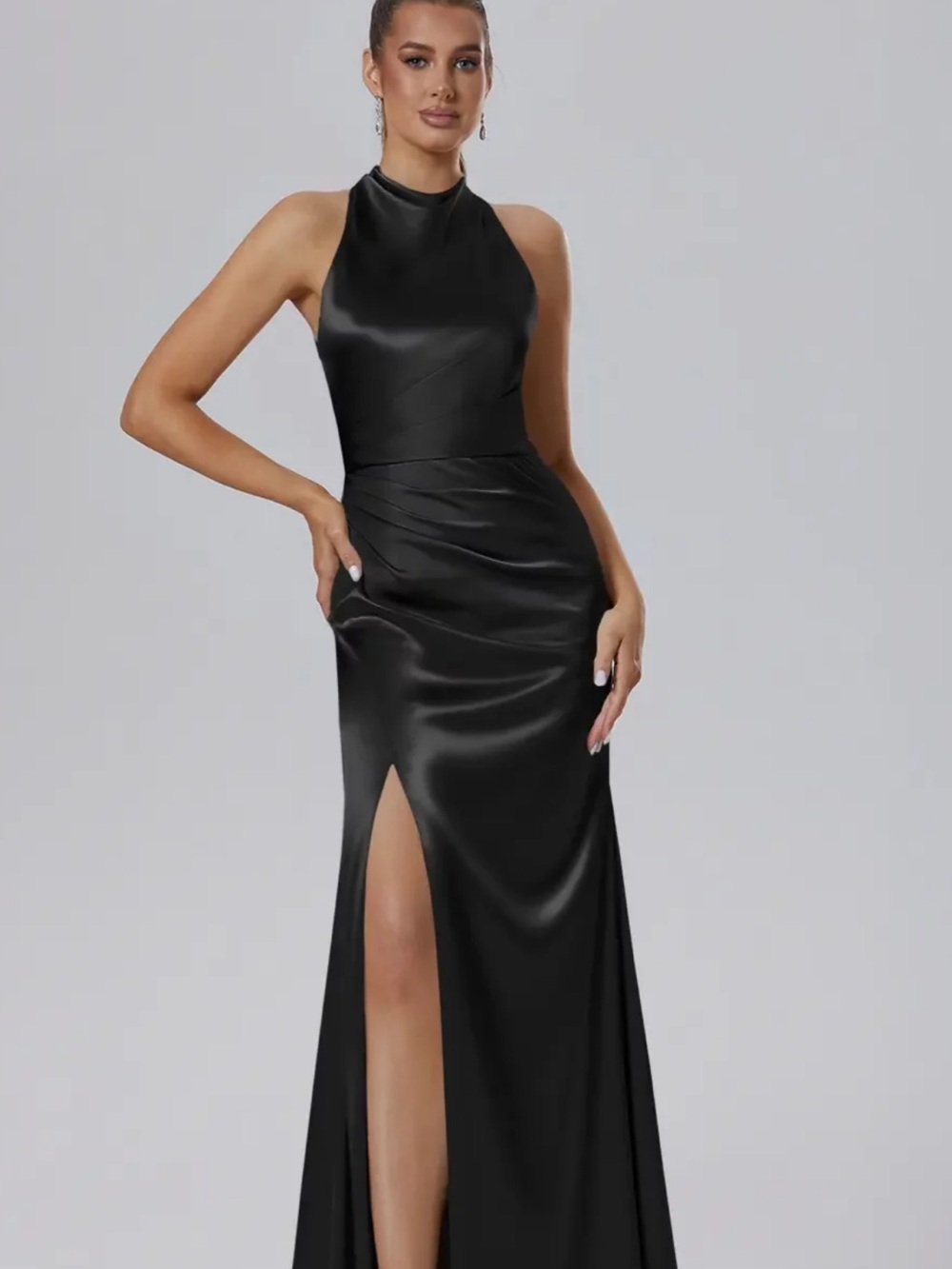 Sleek Black Satin Halter Maxi Dress with High Slit size 6